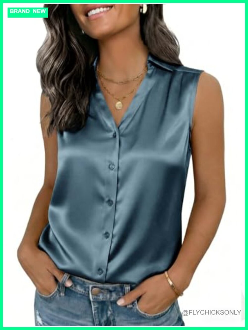 Satin Sleeveless Collared V-Neck Button Down Blouse Business Casual Top